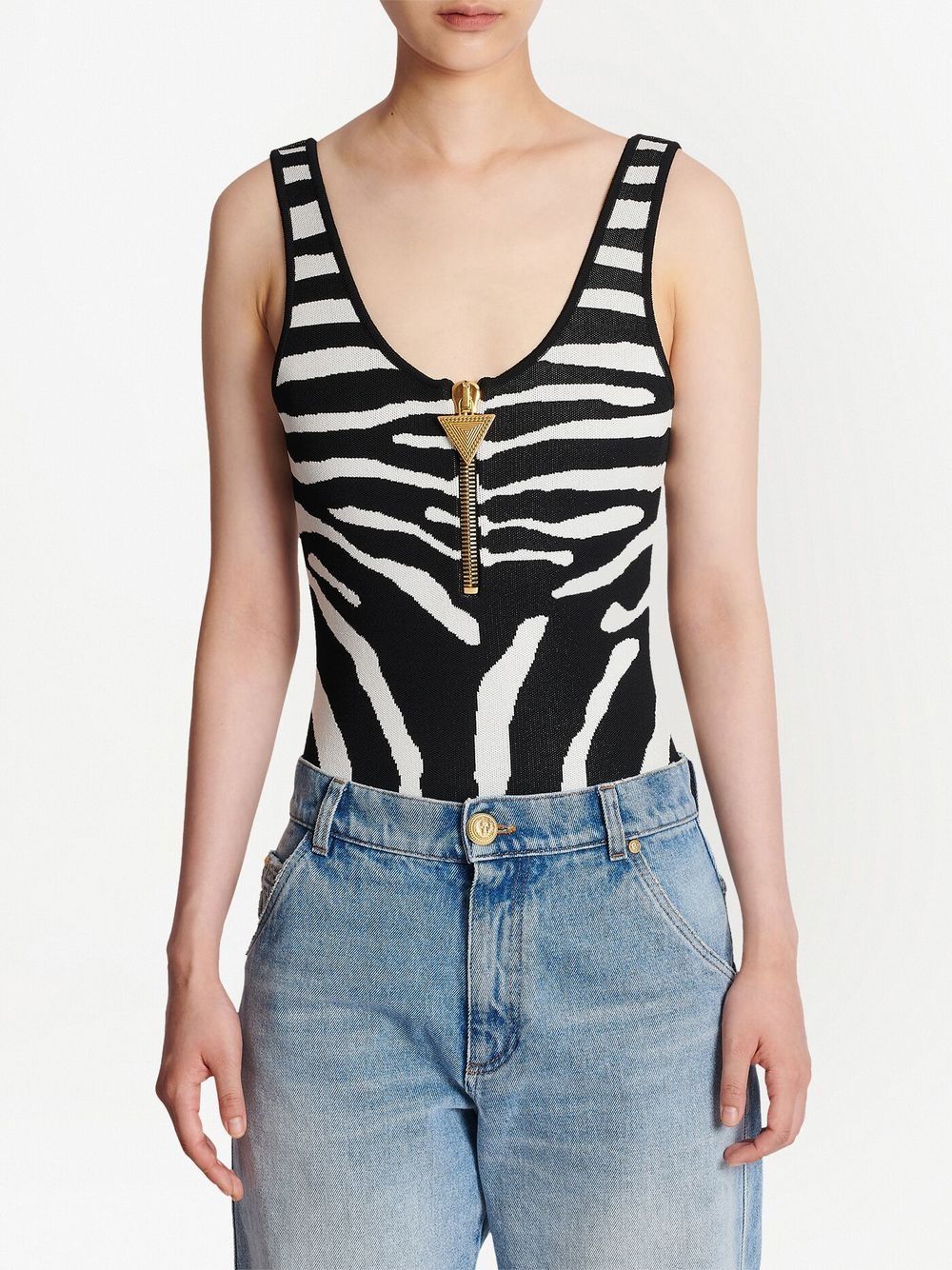 Shop Balmain Zebra-print Zip-up Bodysuit In Black