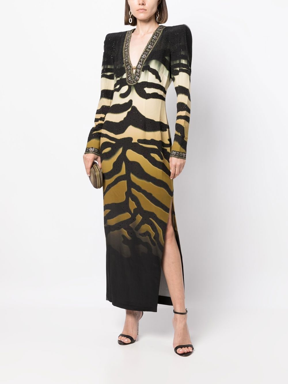 Shop Camilla Padded-shoulder Tiger-print Dress In Black