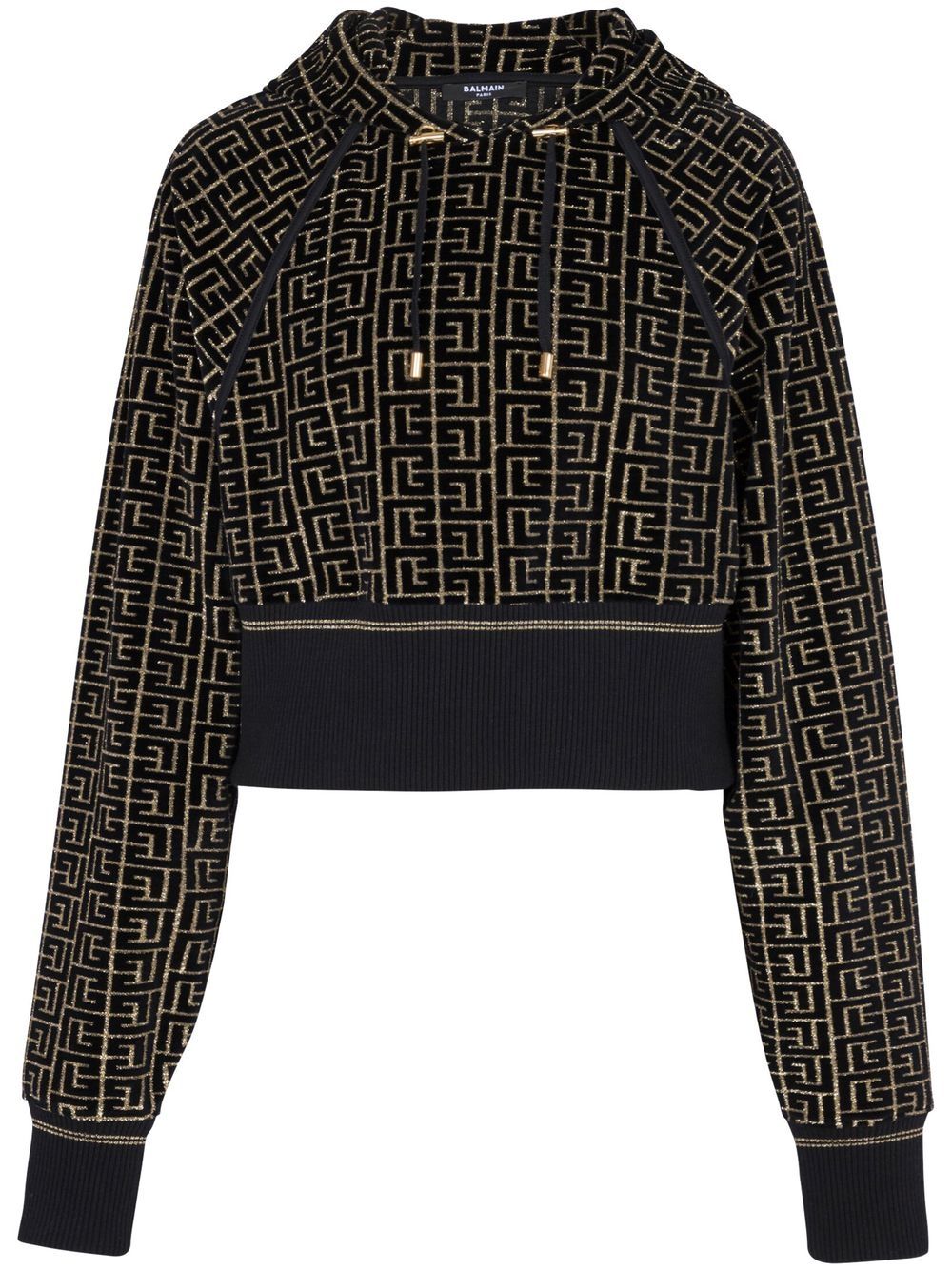 Balmain Velvet Jacquard Monogram Hoodie In Black