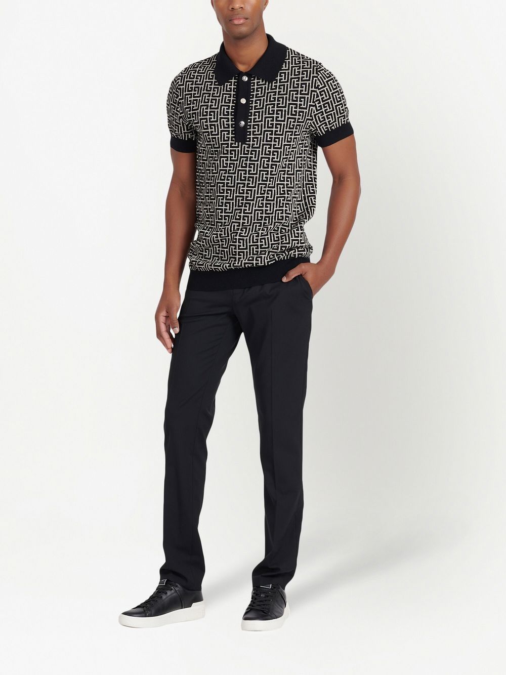 Shop Balmain Pb Monogram Jacquard Polo Shirt In Black