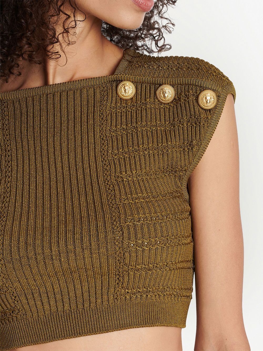 Shop Balmain Knitted Button-detail Cropped Top In Gold