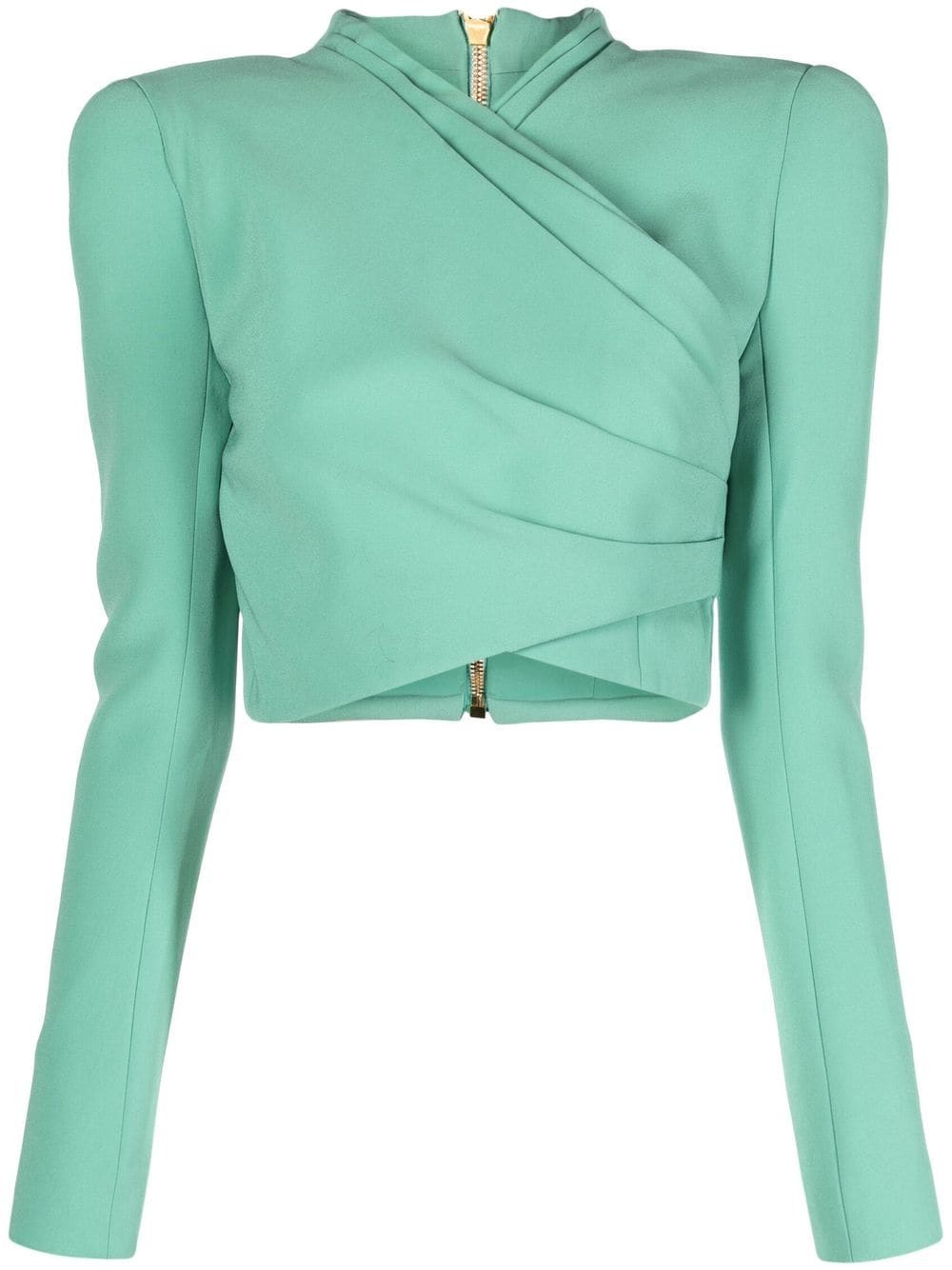 Balmain Wrap-design Long-sleeve Crop Top In Green