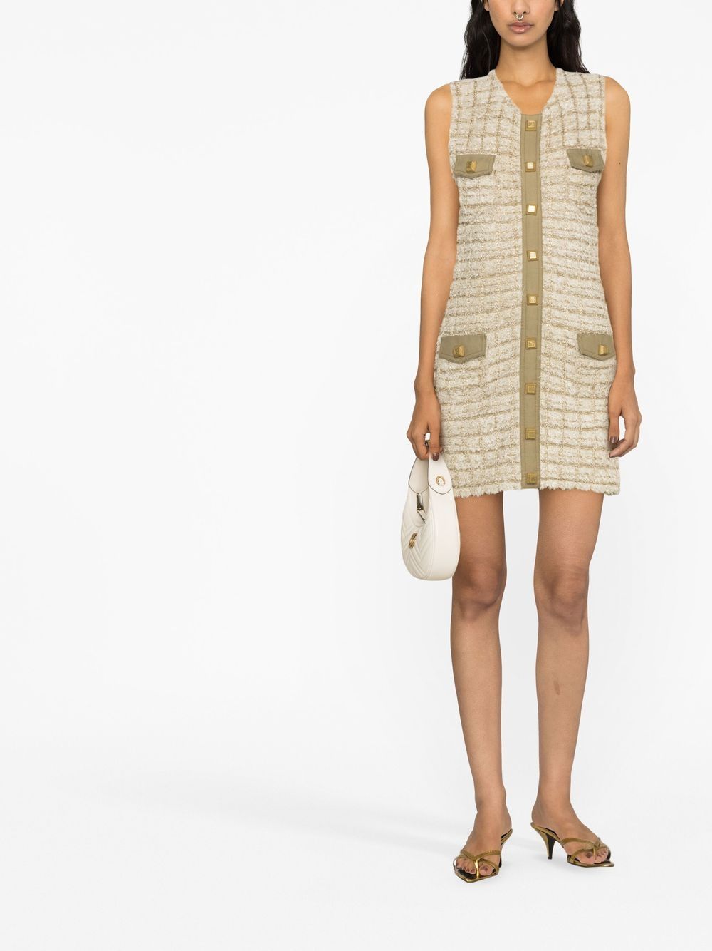 Shop Balmain Sleeveless Tweed Dress In Neutrals