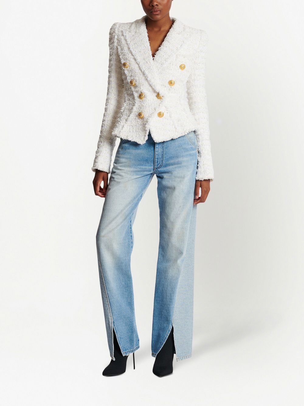 Shop Balmain Tweed Double-breasted Button Blazer In Weiss