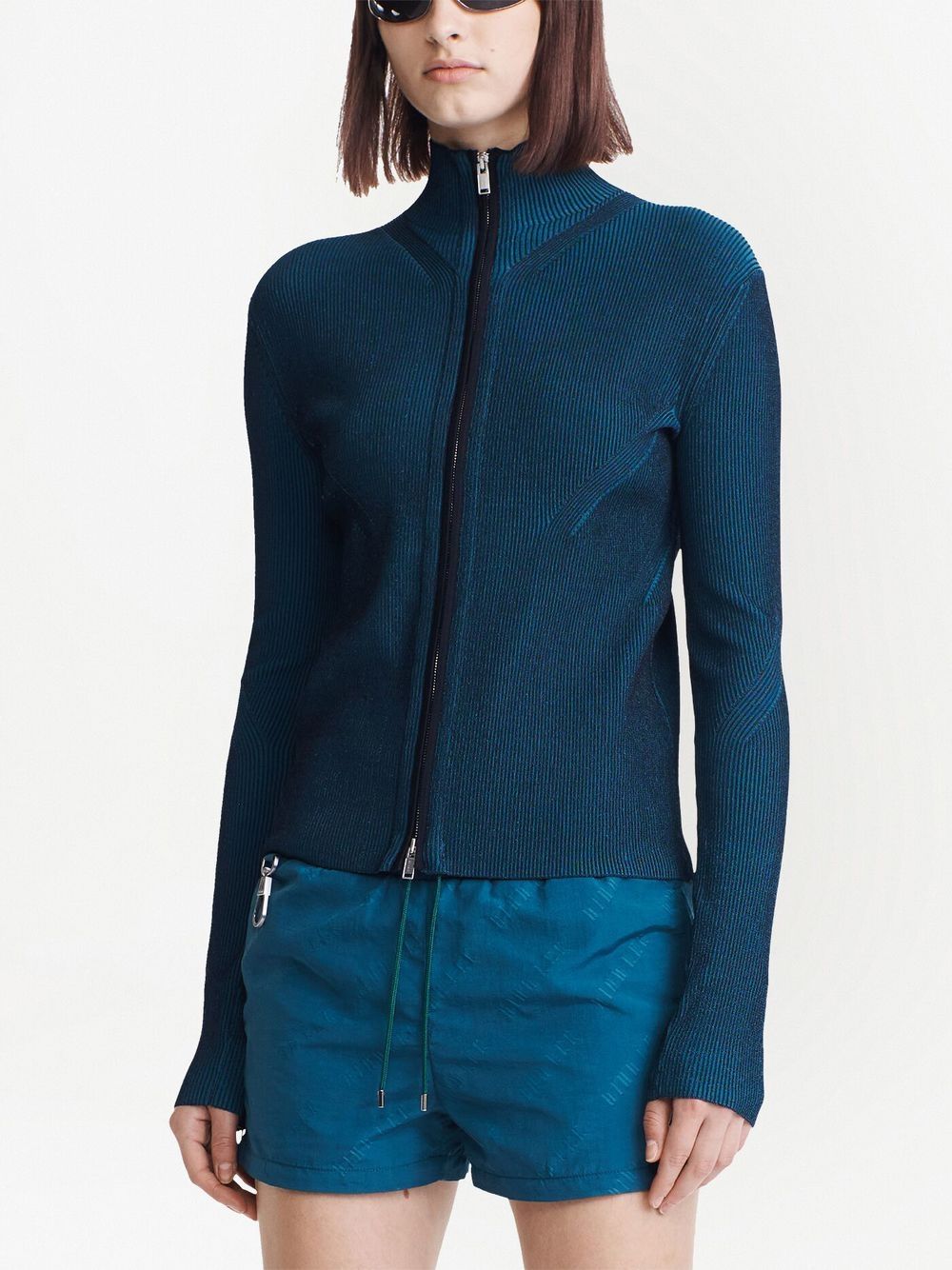 Shop Dion Lee Ribbed-knit Zip-up Cardigan In Blue