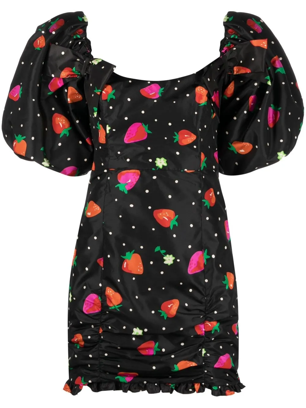Alessandra Rich strawberry-print puff-sleeved dress - Black