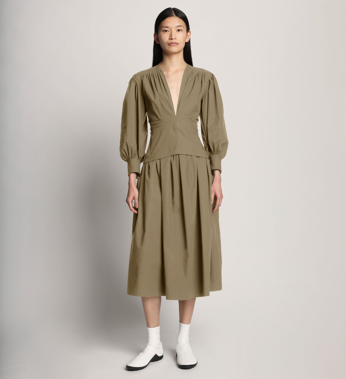 Poplin V-neck Dress in green | Proenza Schouler