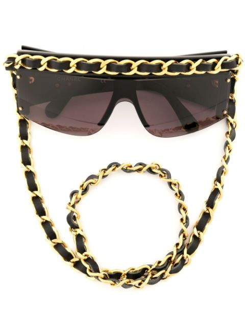 HOT SALE CHANEL 1990-2000s leather-and-chain visor sunglasses Women