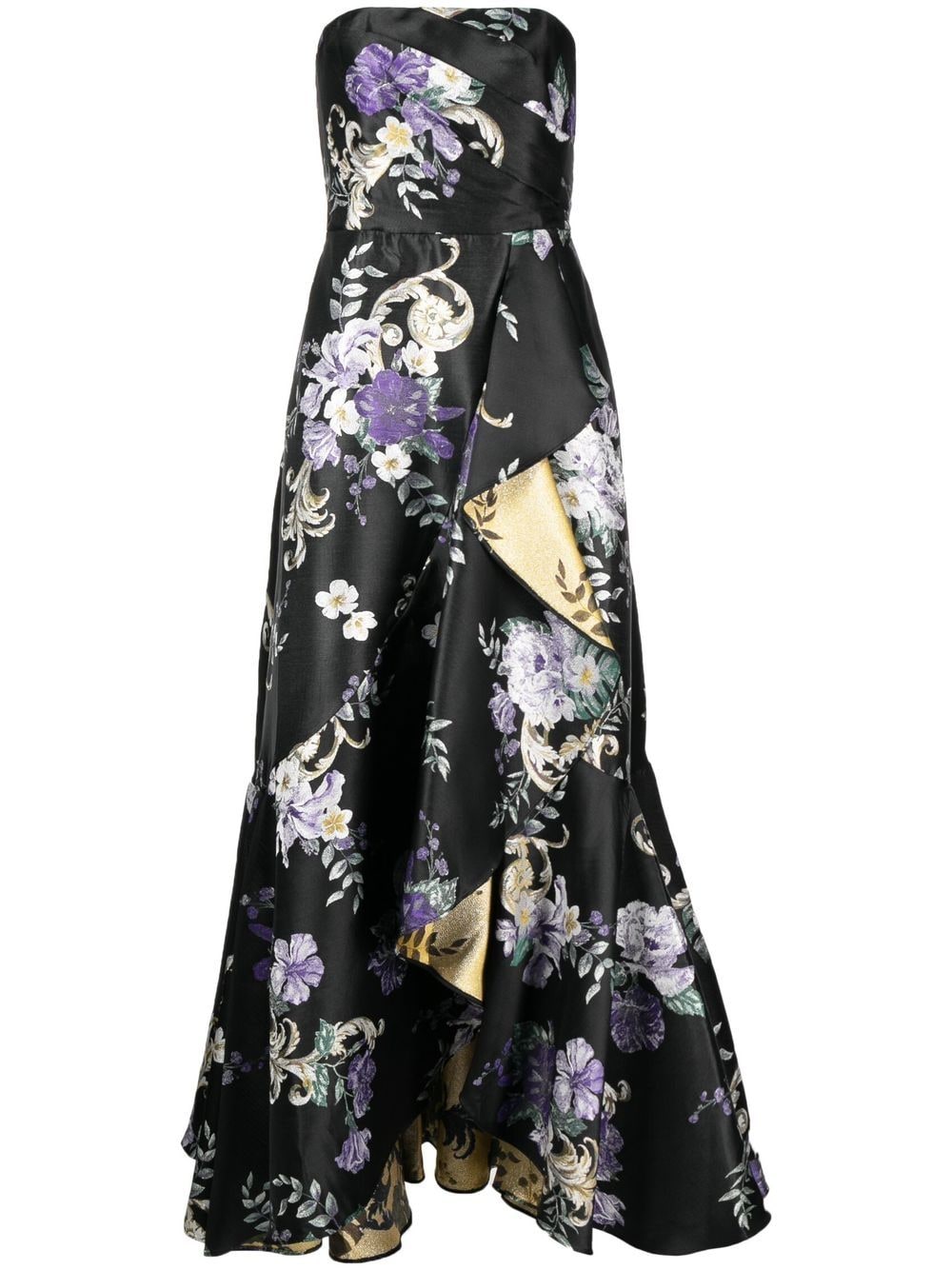 Shop Marchesa Notte Floral-print Strapless Gown In Black