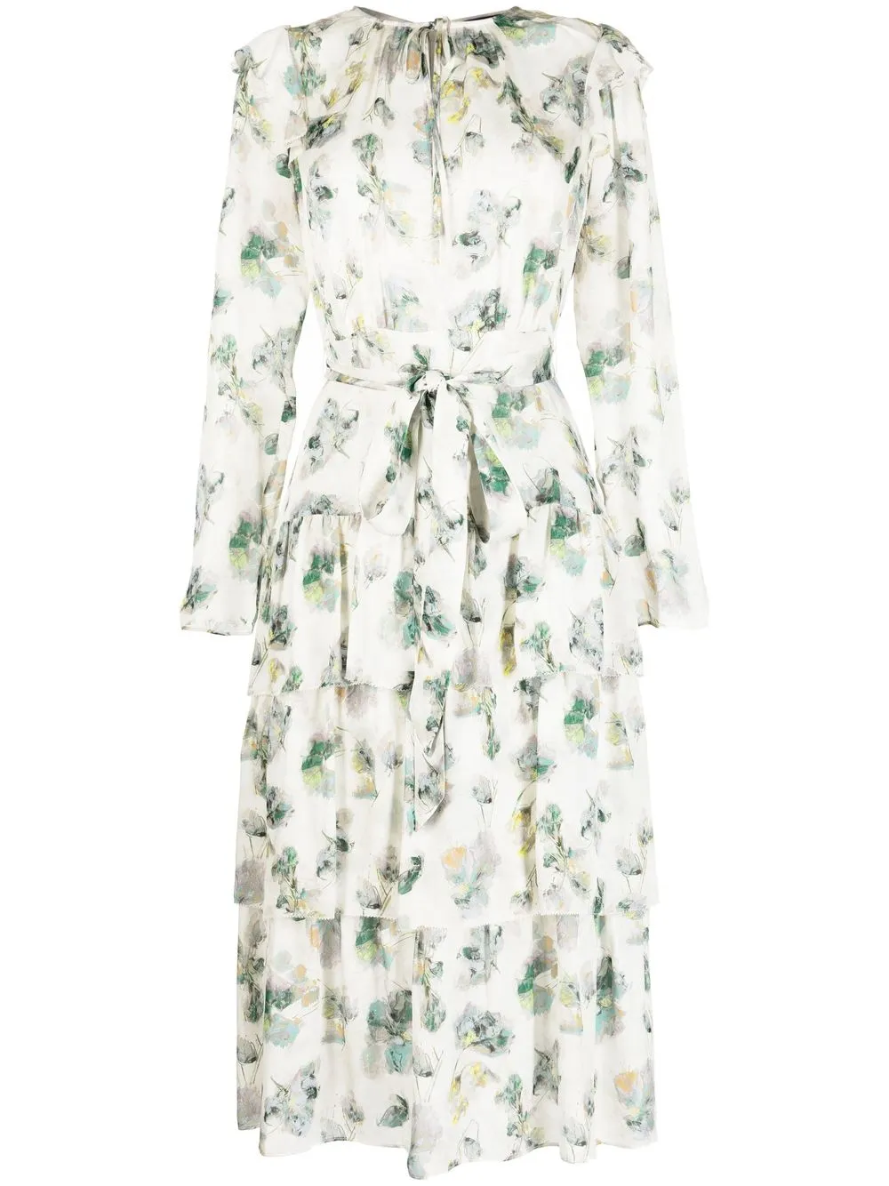 Marchesa Notte Floral-print Tiered Dress In Neutrals