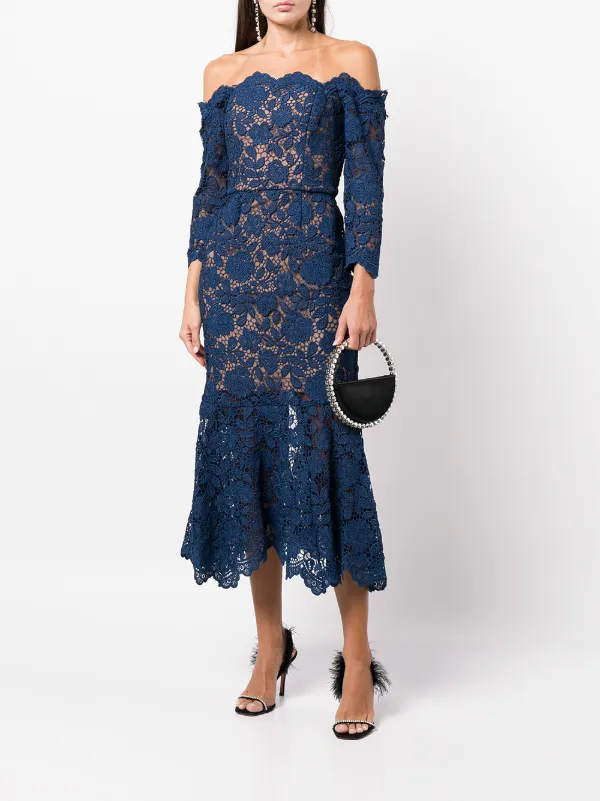 Marchesa Notte off shoulder lace panel Dress Farfetch