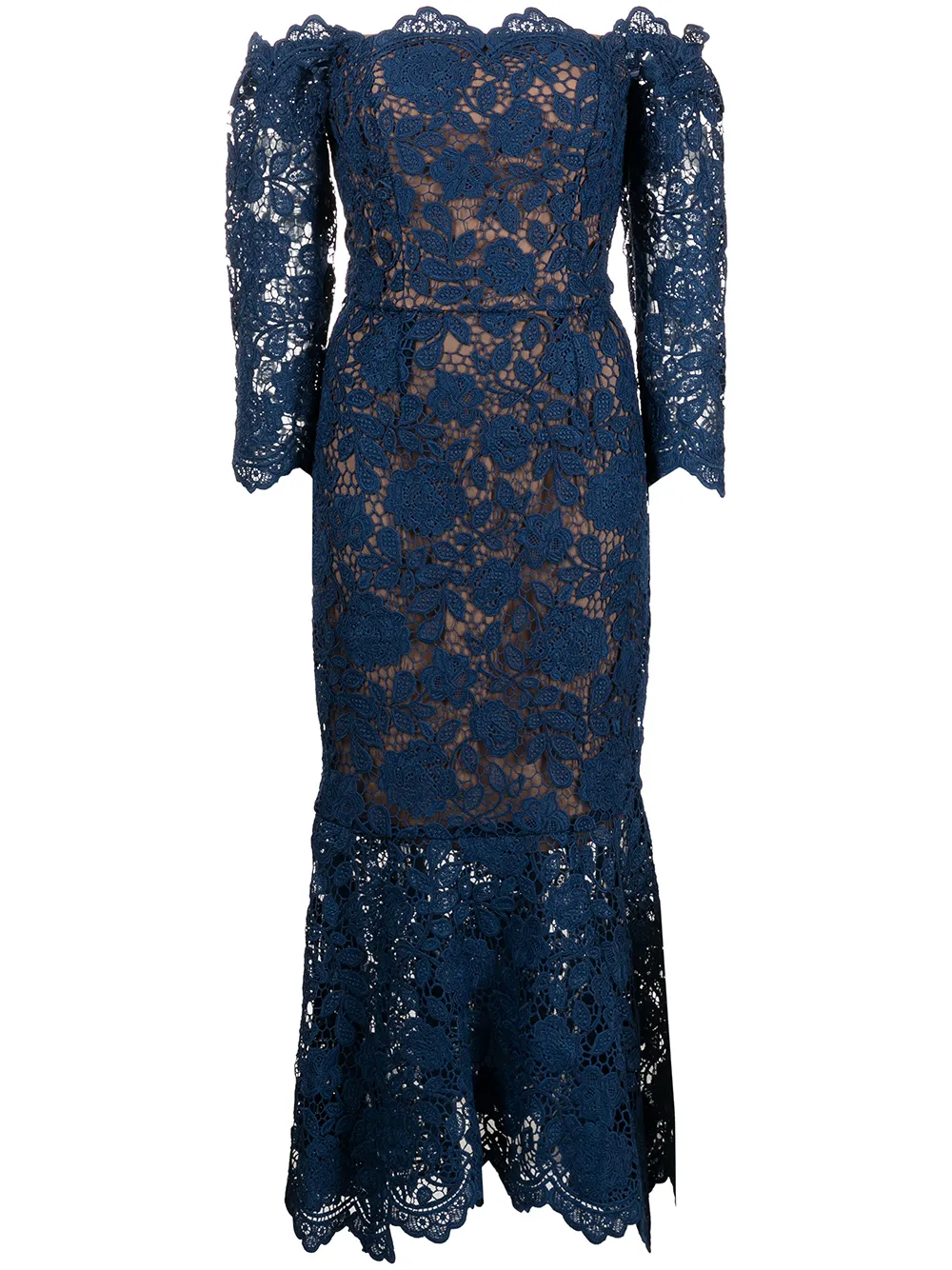 

Marchesa Notte off-shoulder lace-panel dress - Blue