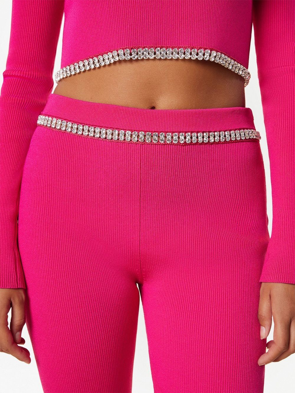 Shop Rabanne Rhinestone-embellished Ribbed-knit Flared Trousers In Pink