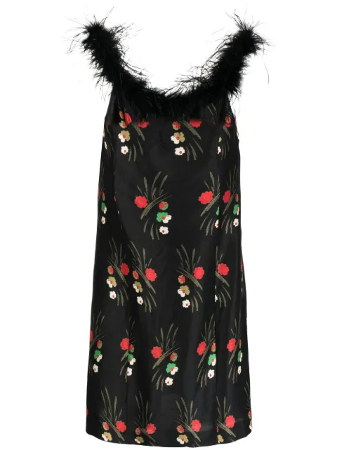 Rixo floral-print feather-trim dress