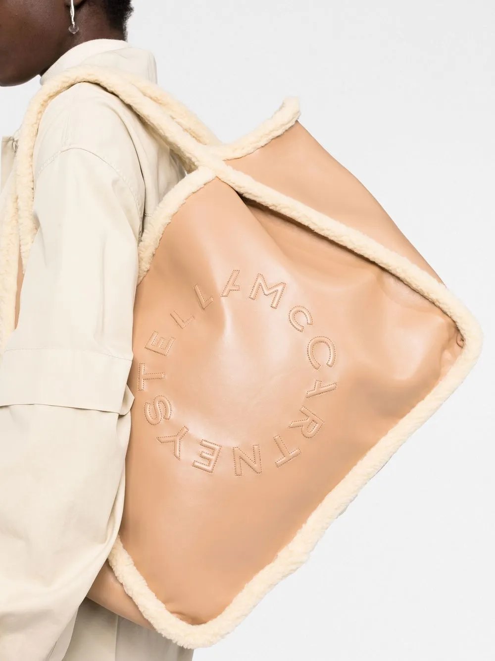 Stella Mccartney Stella Logo Faux-shearling Tote Bag In Nude