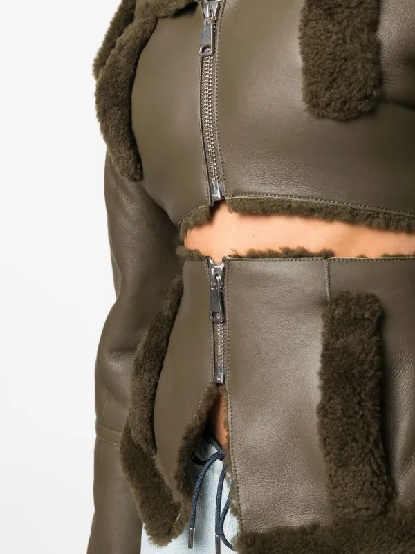 ANDREĀDAMO cut-out shearling-trim Leather Jacket | Green