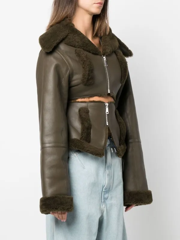 ANDREĀDAMO cut-out shearling-trim Leather Jacket | Green