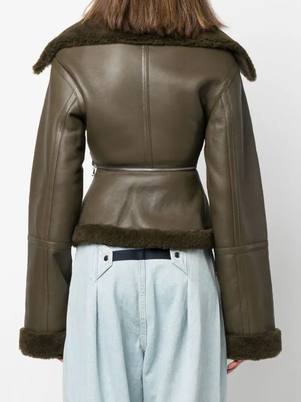 ANDREĀDAMO cut-out shearling-trim Leather Jacket | Green | FARFETCH