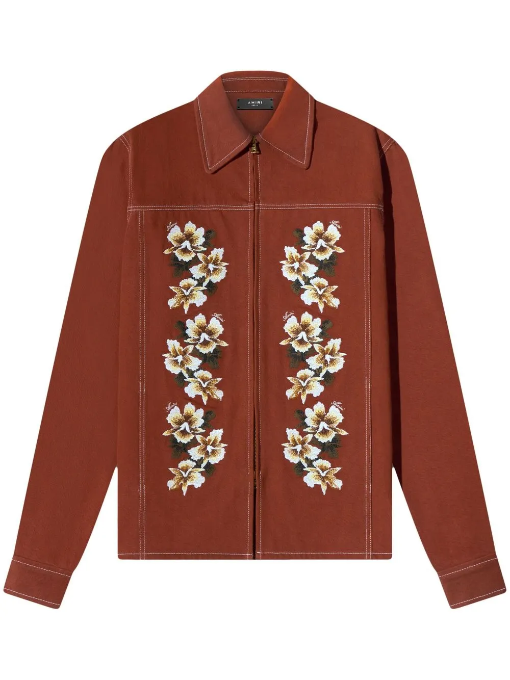 

AMIRI floral-embroidered zip-up cotton shirt - Brown