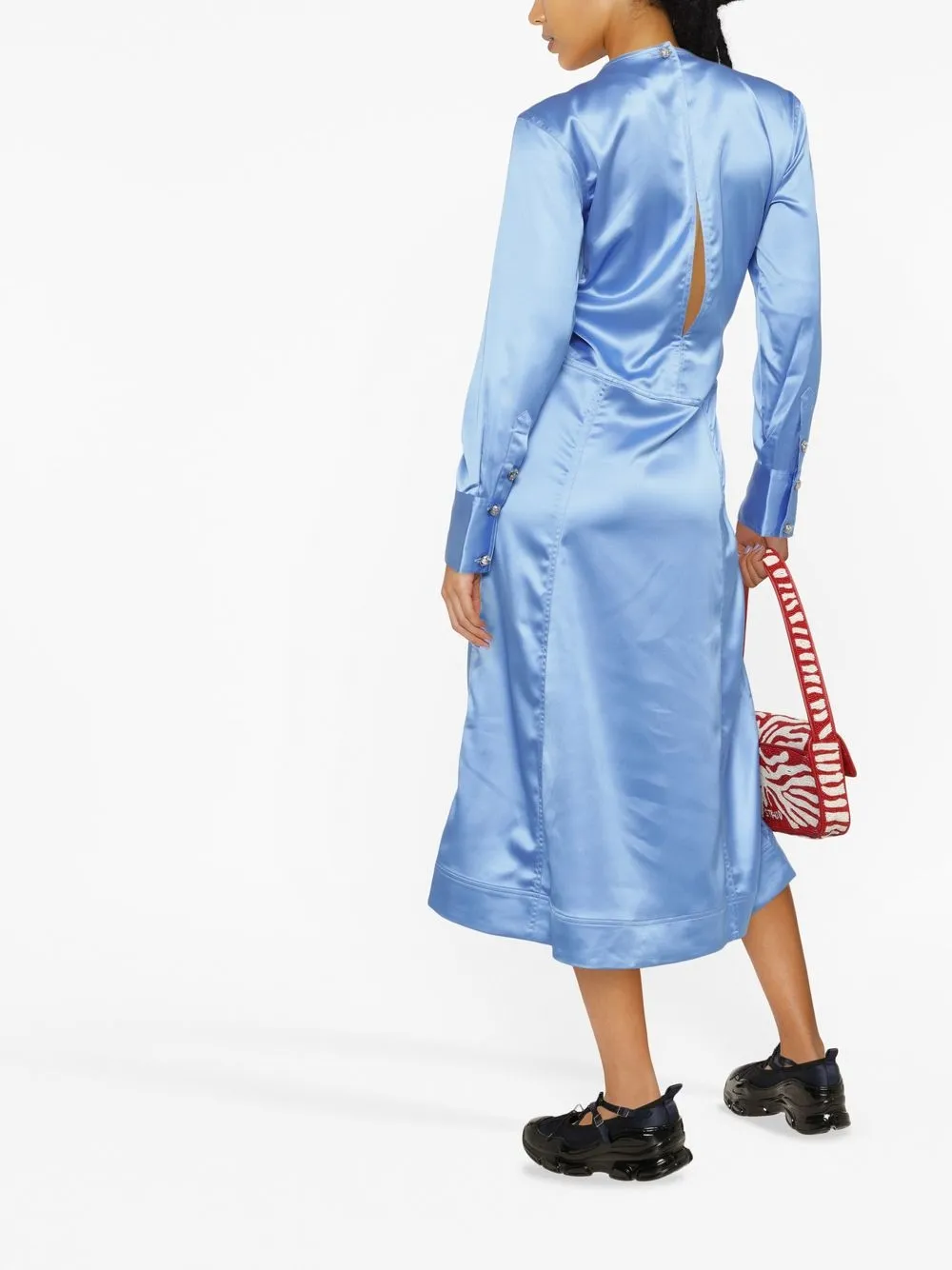 Ganni Ruched Cutout Recycled Stretch-satin Midi Dress In 蓝色