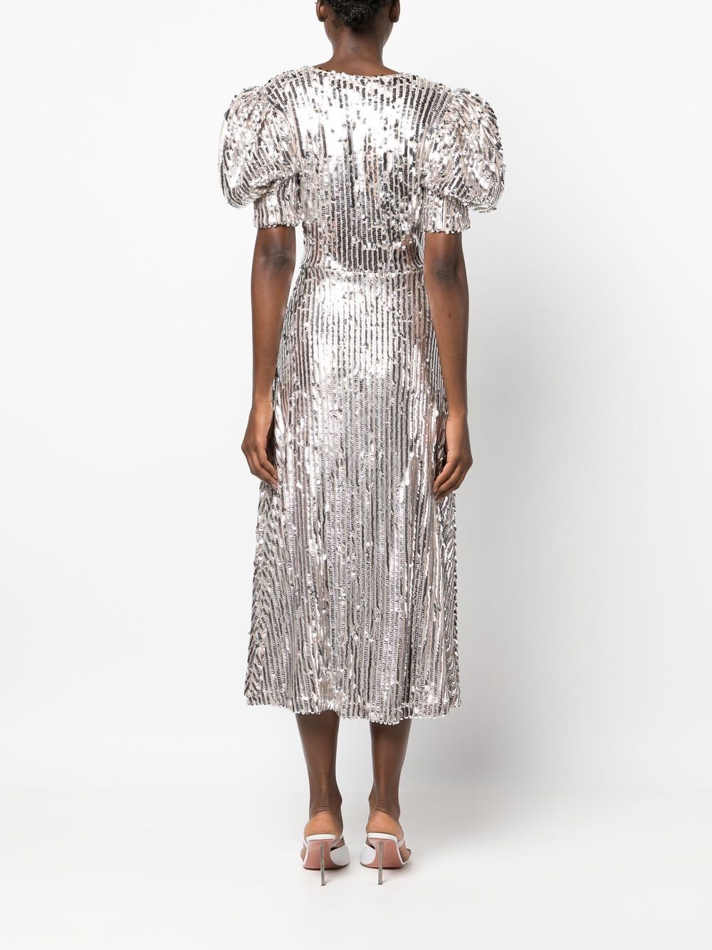 Shop Rotate Birger Christensen Puff-sleeve Sequin Midi Dress In Silver