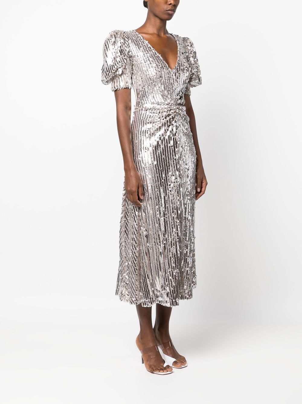 Shop Rotate Birger Christensen Puff-sleeve Sequin Midi Dress In Silver