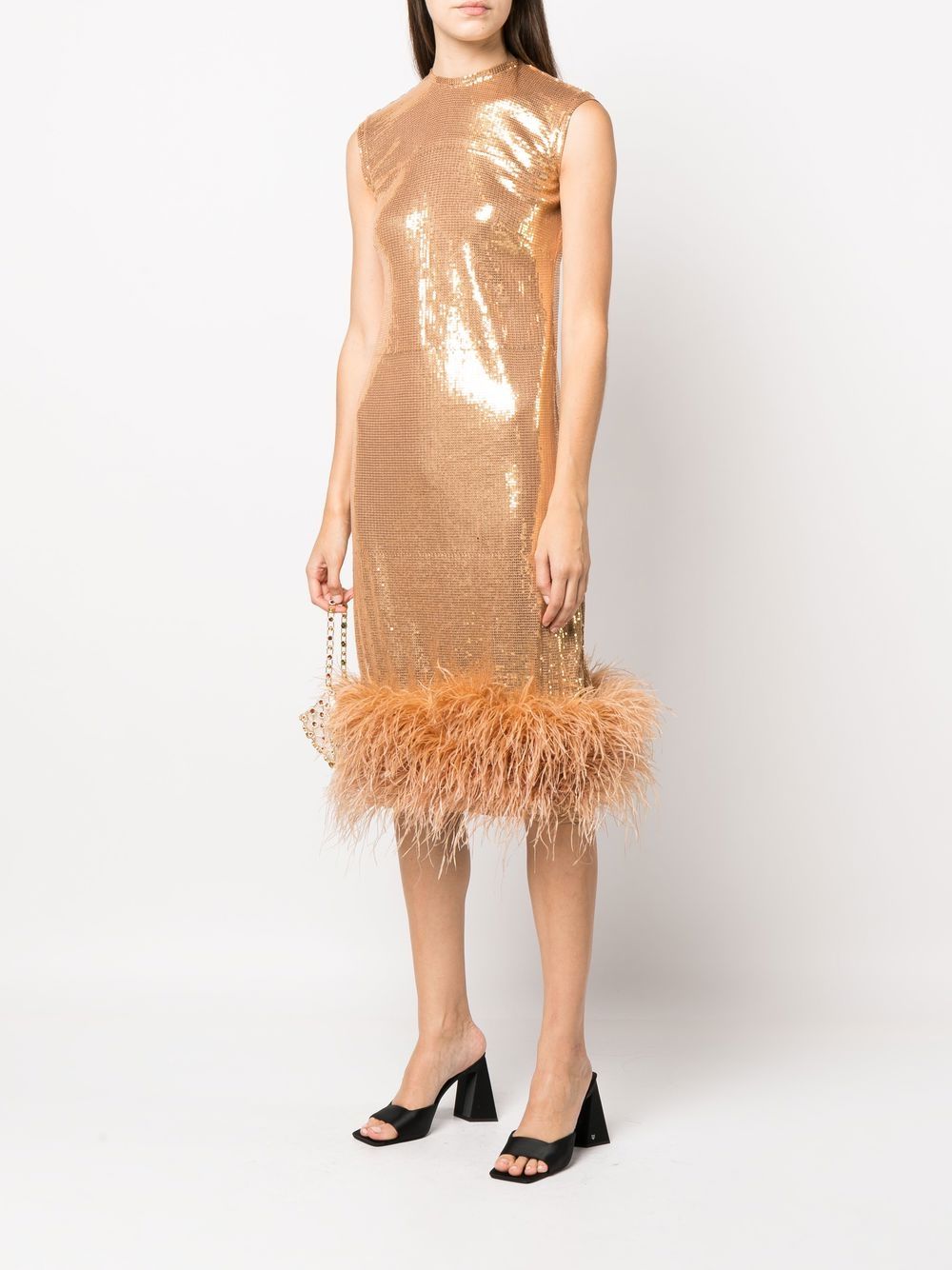 Shop Atu Body Couture Sequin-embellished Feather-trim Dress In Gold