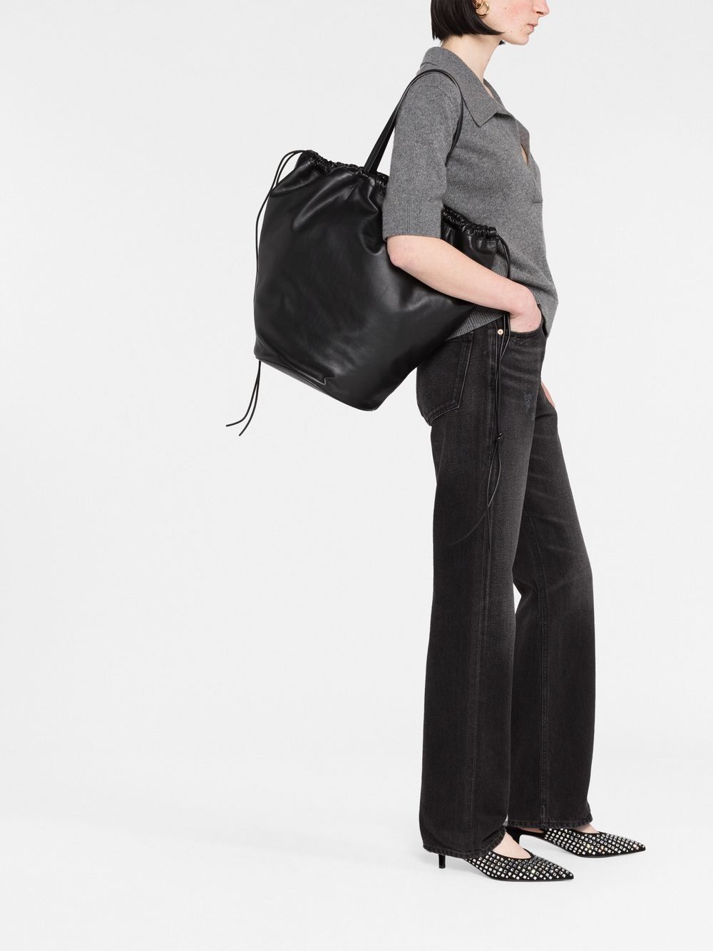 Shop Khaite Osa Leather Drawstring Tote Bag In Black
