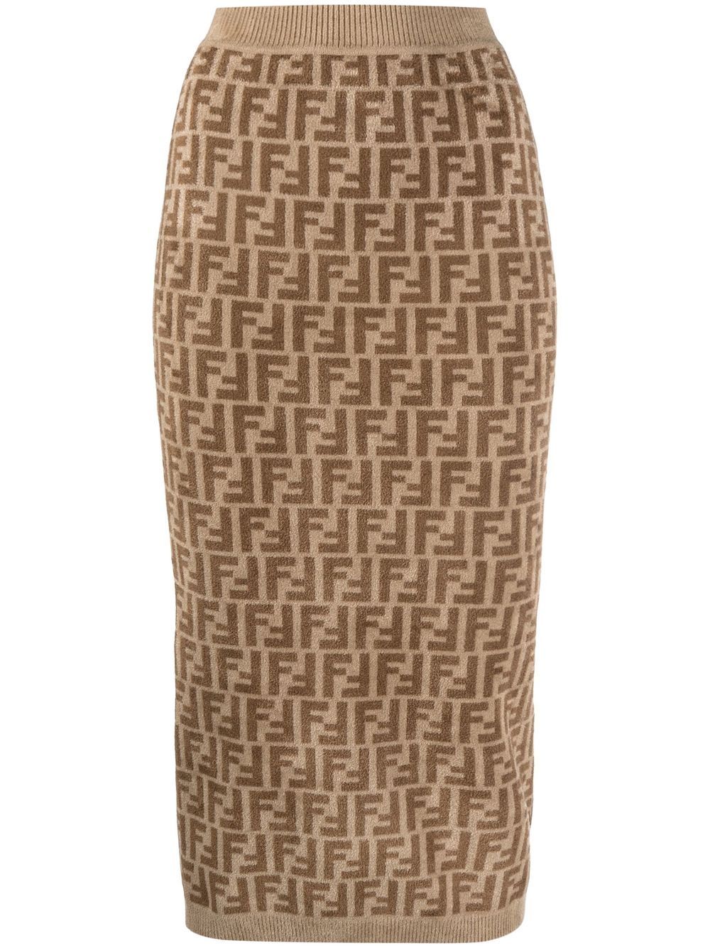 Fendi Printed Stretch-velvet Midi Skirt In Camel