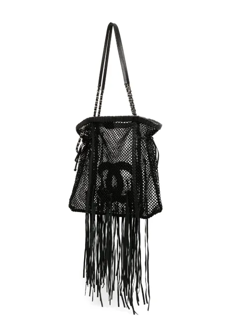 CHANEL Pre-Owned 2011 Resort large logo fringed tote ChanelTimelessFringeLargeMeshBlackLeatherTote - 2