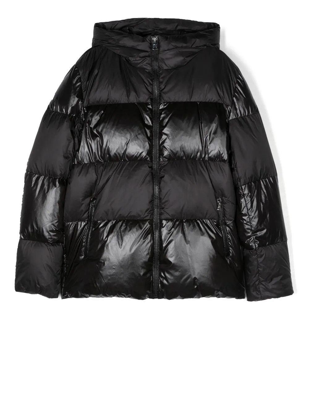 WOOLRICH CONTRASTING PANEL HIGH-SHINE PADDED COAT