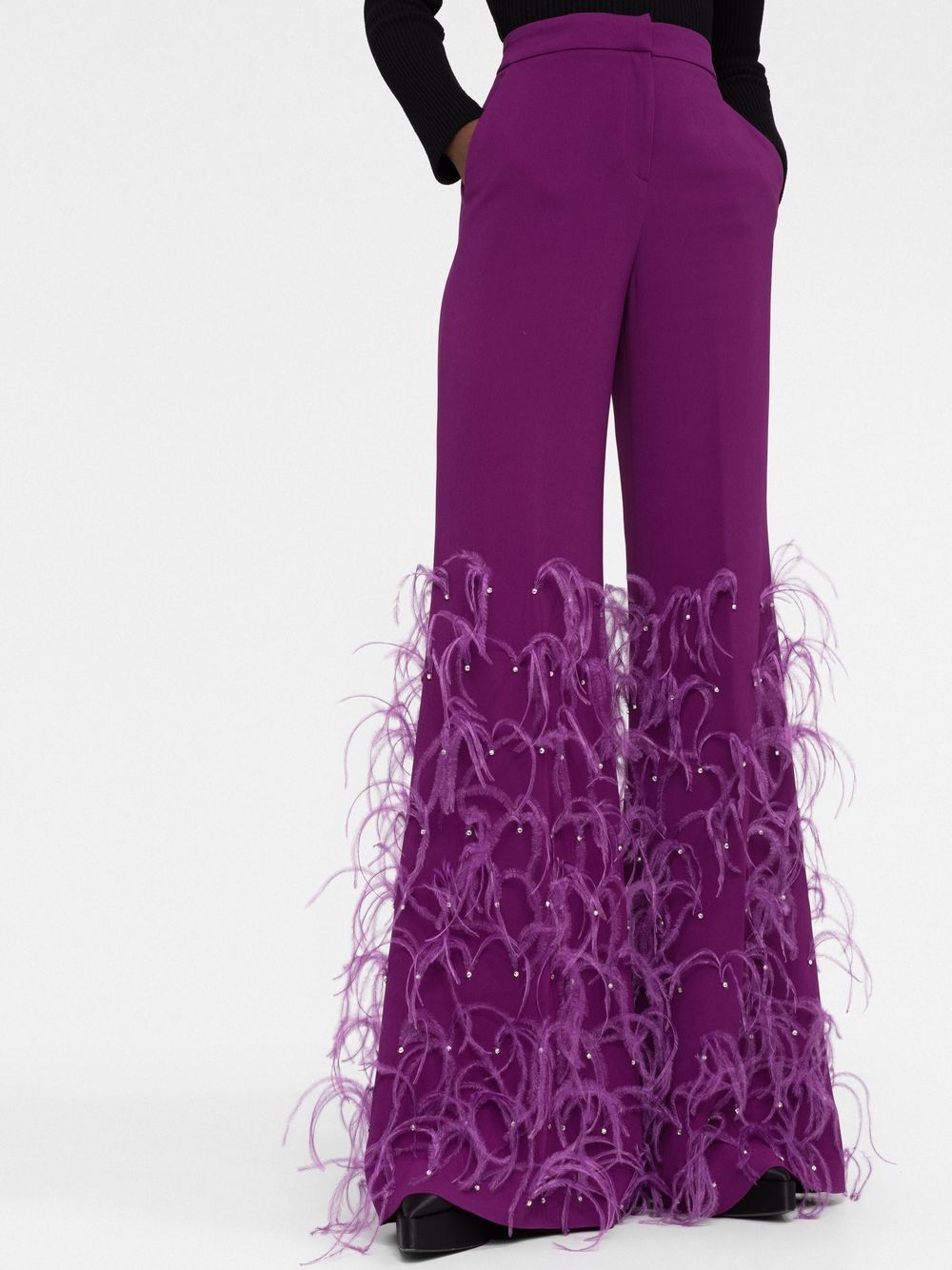 Shop Elie Saab Feather-trim Crepe Flared Trousers In Purple