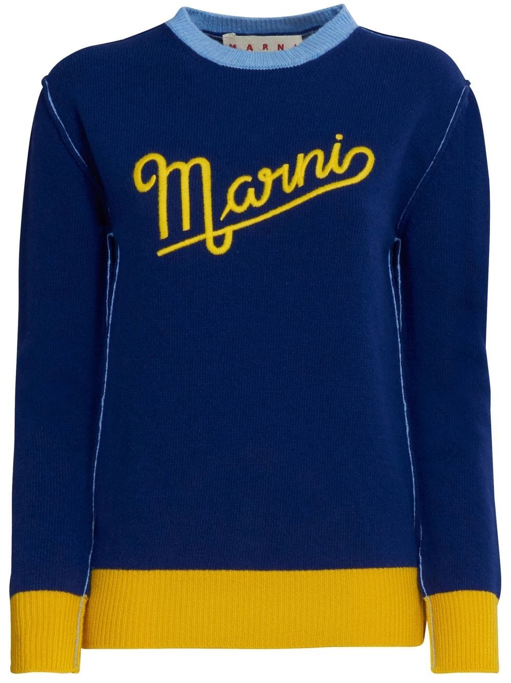 Shop Marni Intarsia Logo-knit Crew Neck Jumper In Blue