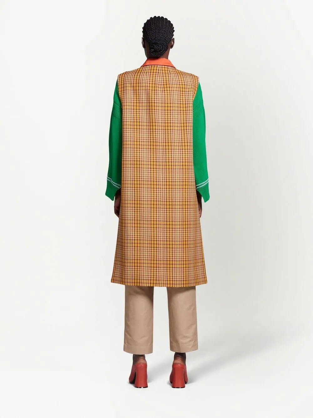 Marni Suede-collar Check Long Waistcoat Vest In Yellow