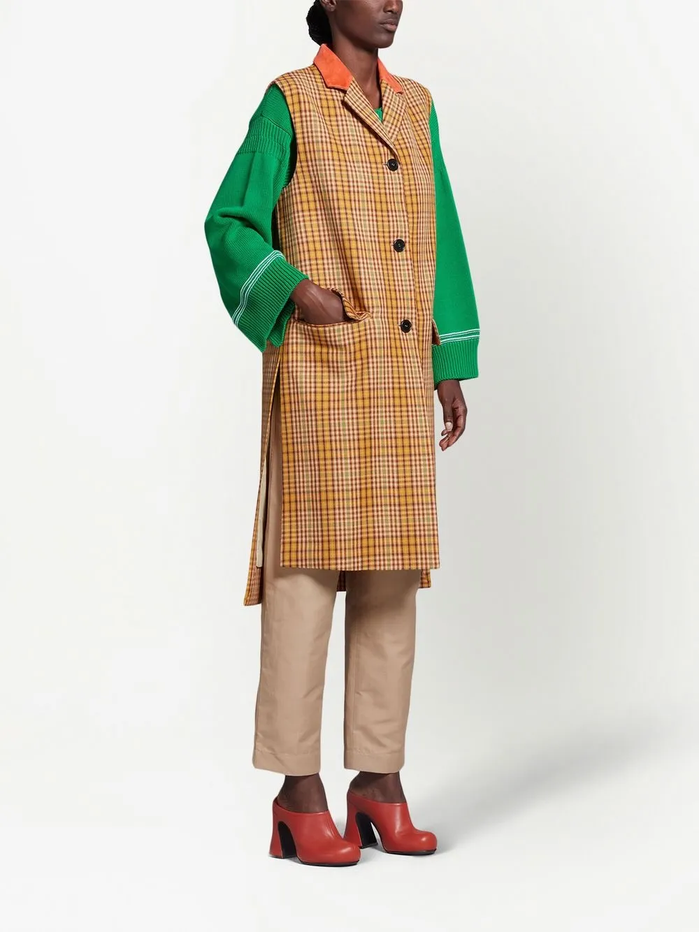 Marni Suede-collar Check Long Waistcoat Vest In Yellow