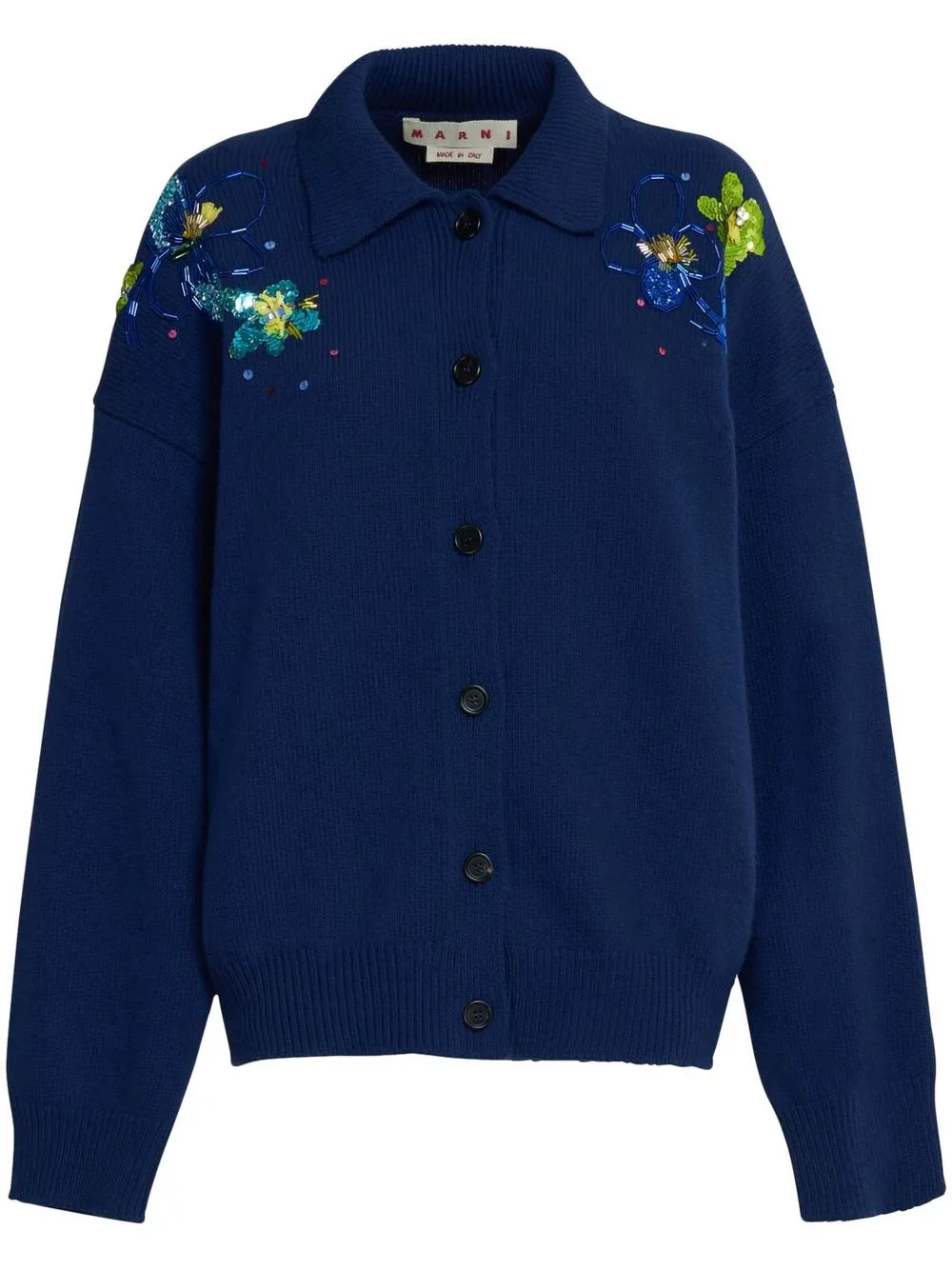 

Marni cárdigan con cuello de playera tipo polo y bordado floral - Azul