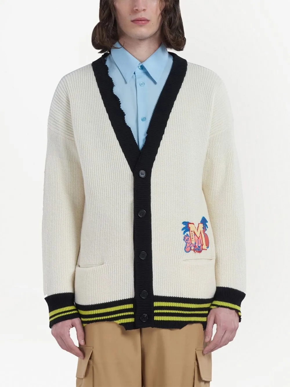 Shop Marni Logo-patch Knitted Cardigan In Neutrals