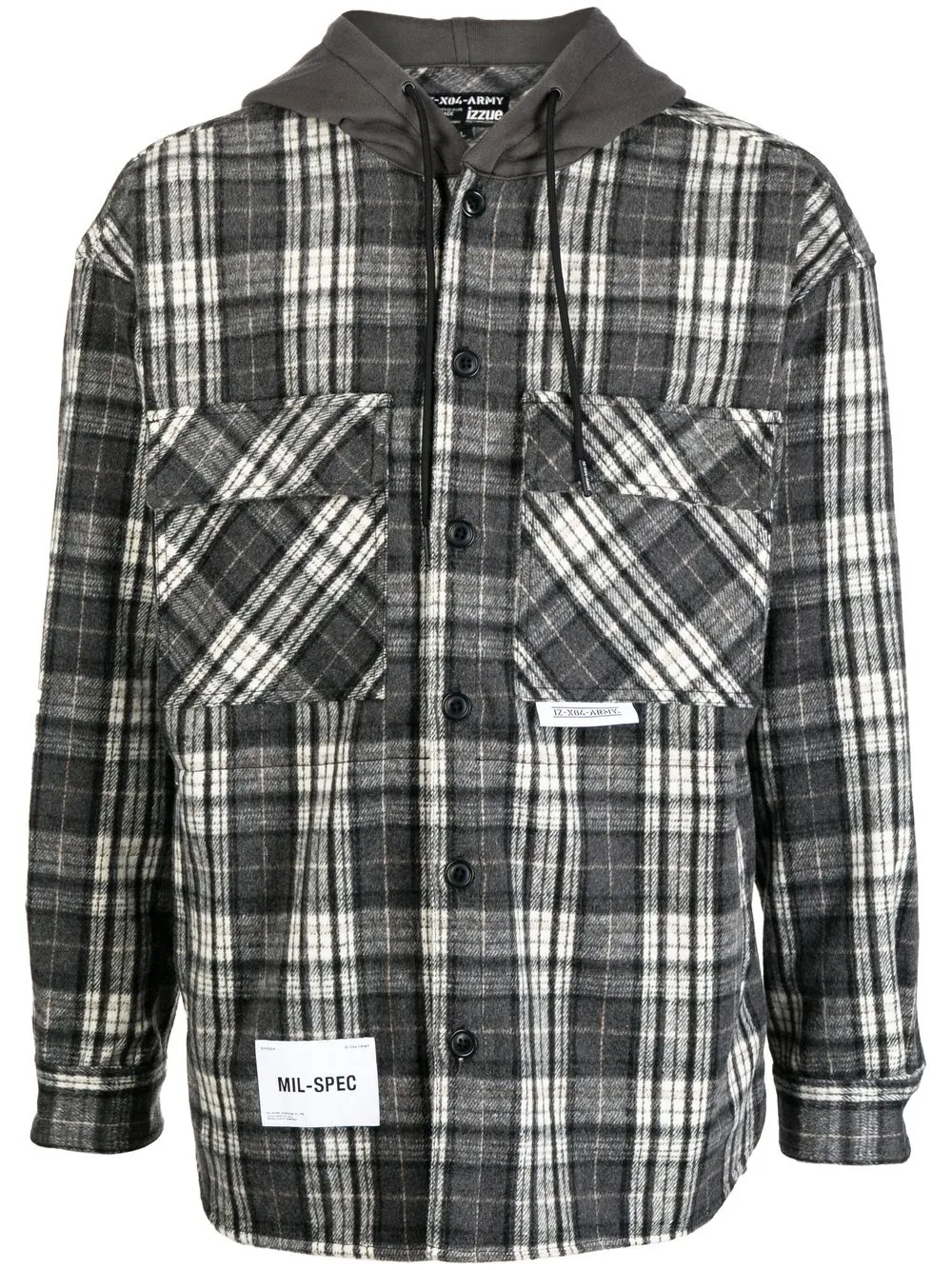 

izzue check-print hooded shirt - Grey