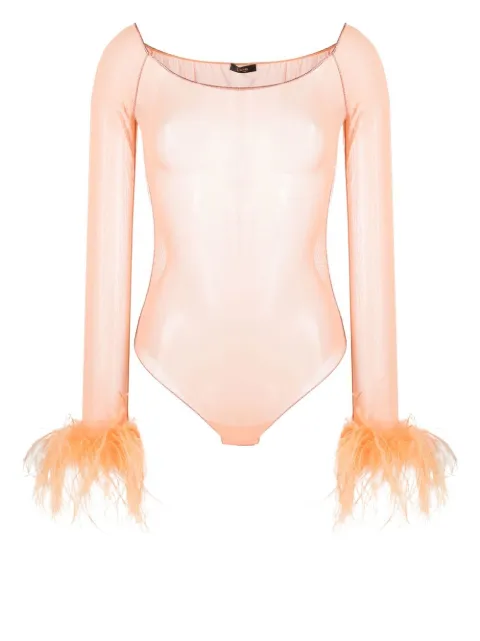 Oséree feather-trim sheer bodysuit 