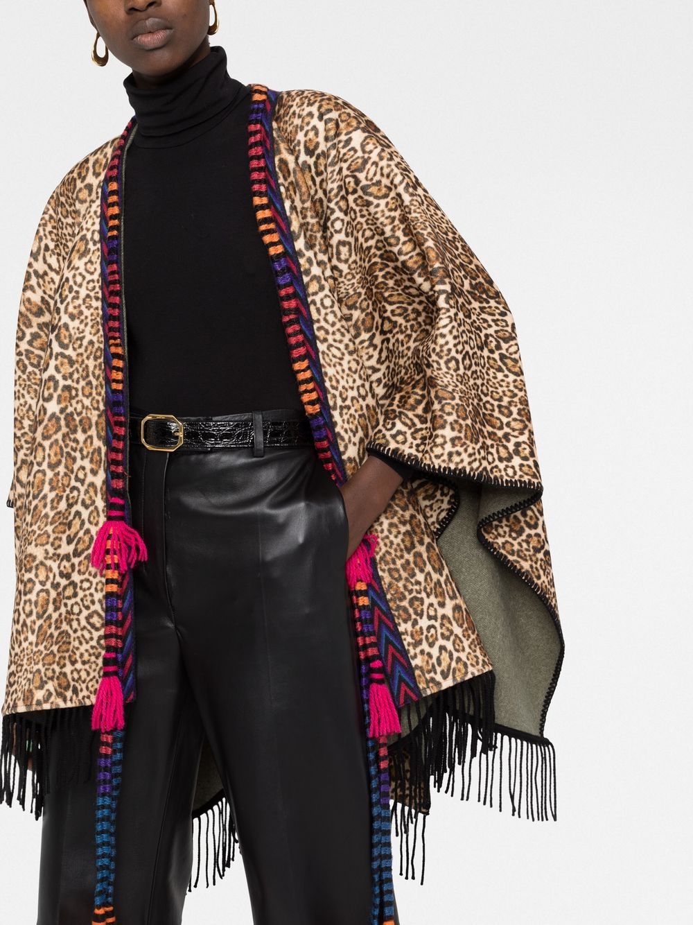 ETRO Fringed Animalier wool cape Women