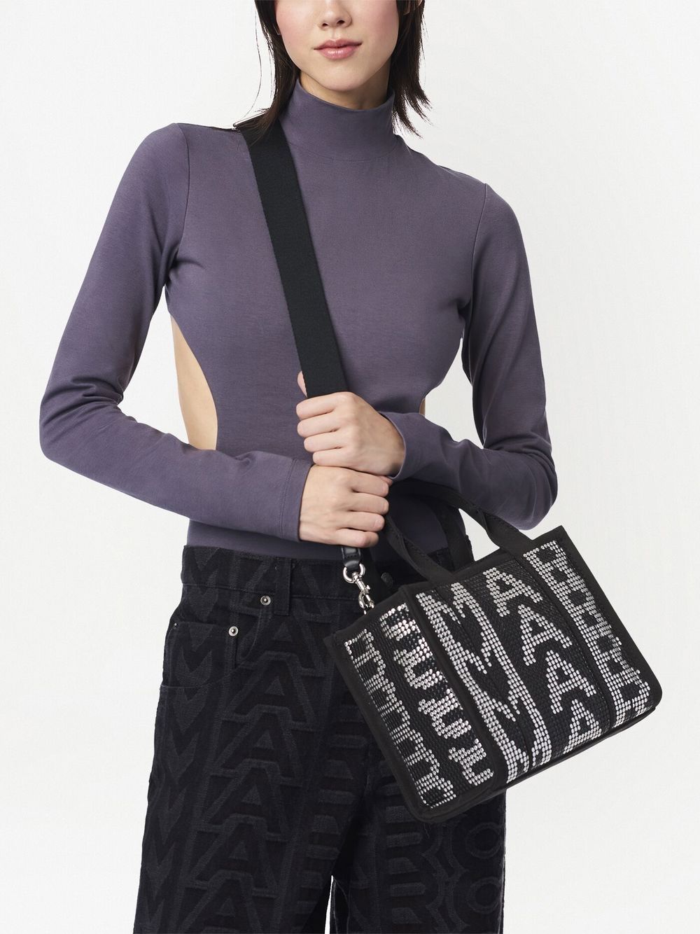 Shop Marc Jacobs The Monogram Studded Small Tote Bag In Black