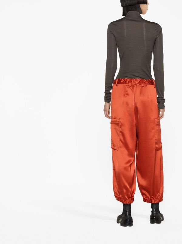 Red satin cargo store pants