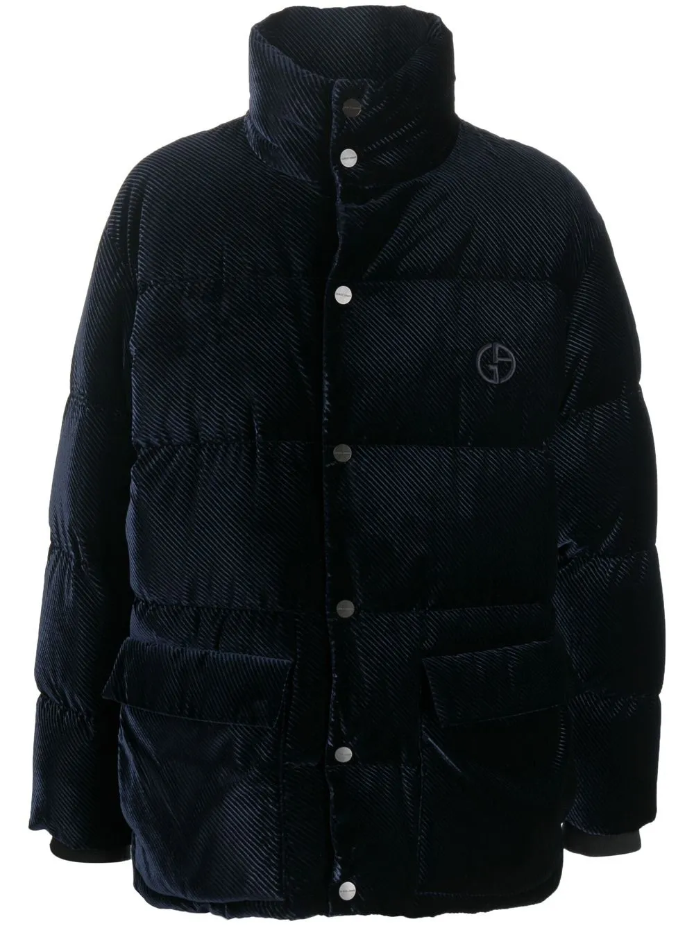 

Giorgio Armani embroidered-logo padded velvet coat - Blue