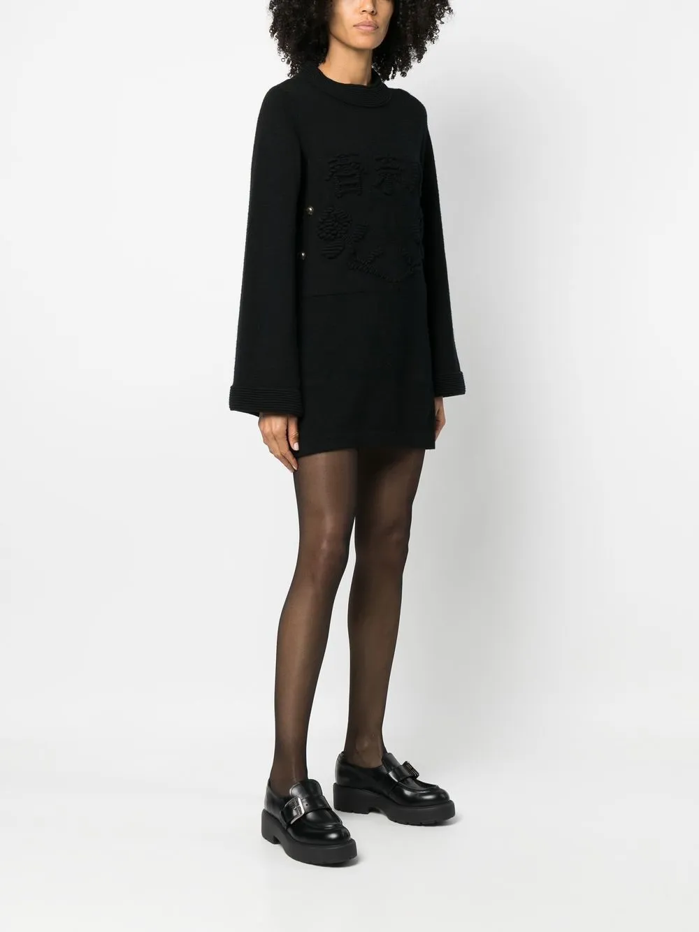 Pre-owned Chanel 2010 Cc Embroidered-motif Cashmere Knitted Dress In Black