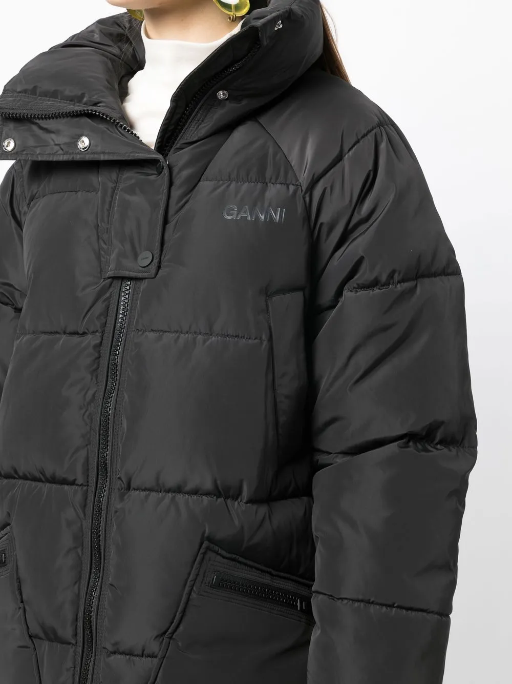 Ganni Tech Logo-print Recycled-polyester Puffer Coat In Black