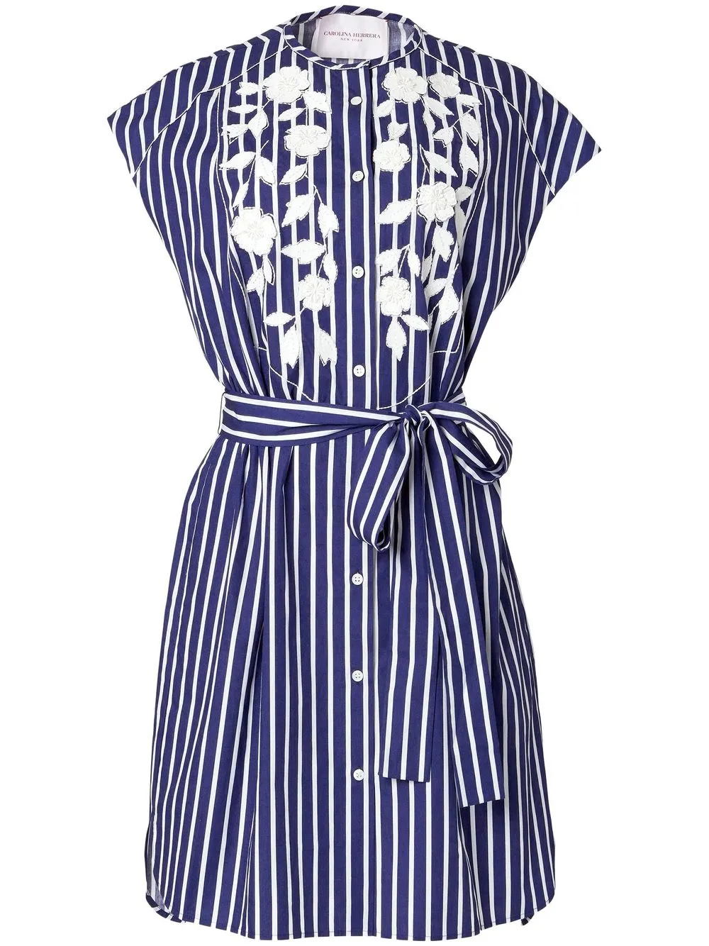 CAROLINA HERRERA FLORAL-EMBROIDERED STRIPED MINIDRESS