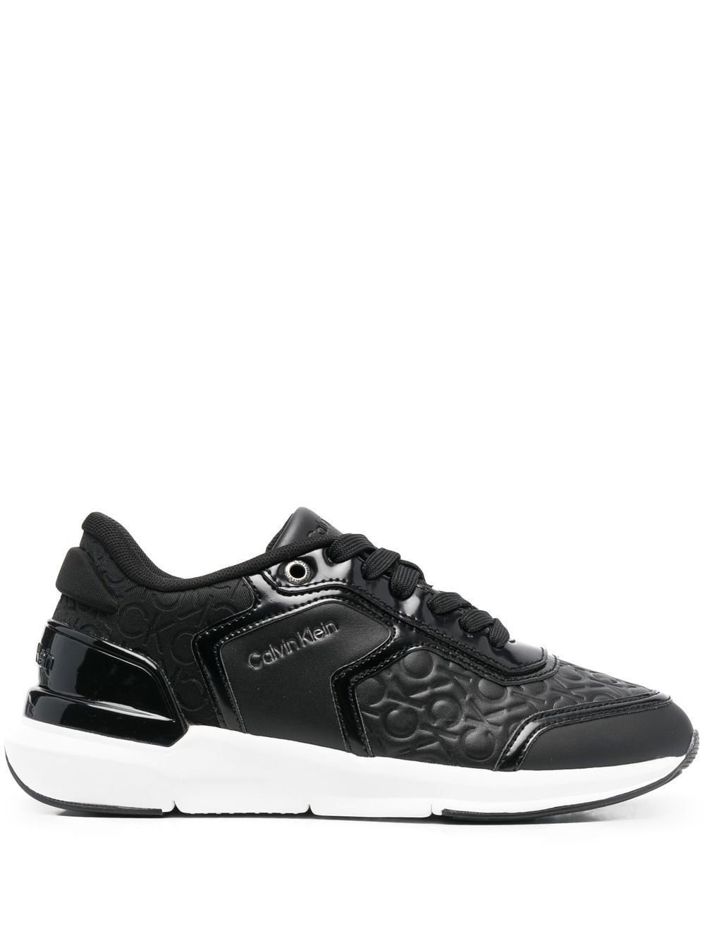 Calvin Klein Leather Monogram-pattern Sneakers In Black