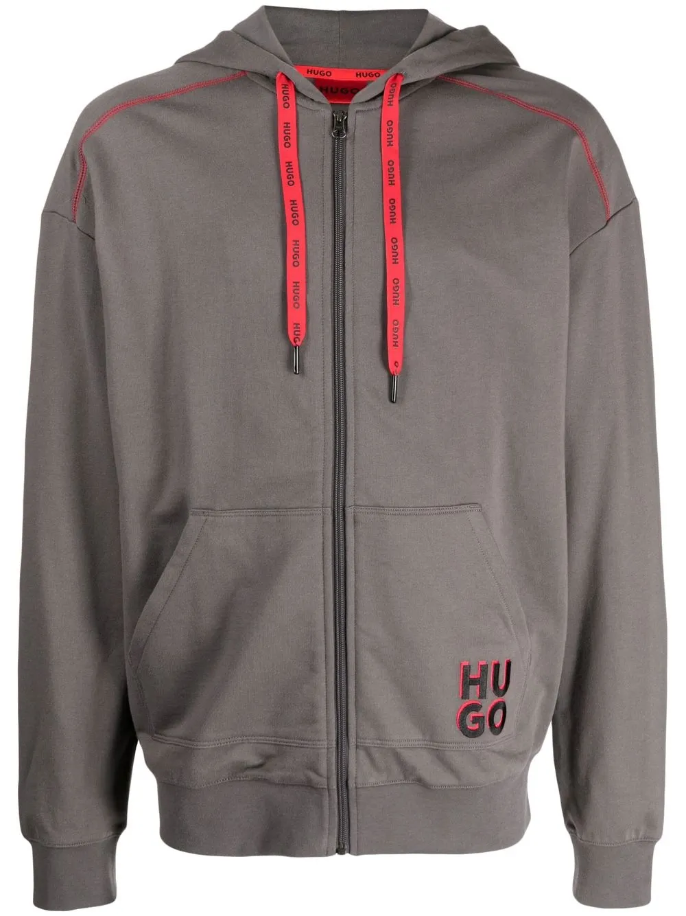 

HUGO logo embroidery zip-up cotton hoodie - Grey