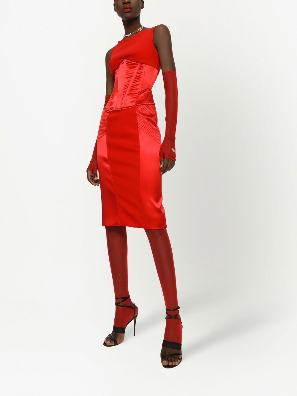Shop Dolce & Gabbana Corset-detail Satin Midi Dress In Red