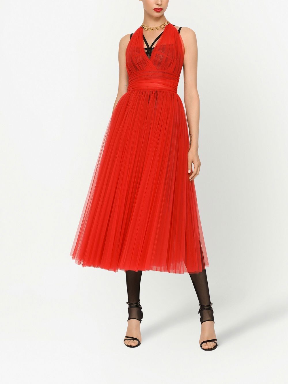 Shop Dolce & Gabbana Tulle Halterneck Midi Dress In Red